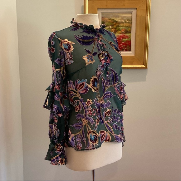 PATBO Colorful Floral Burnout Velvet Sheer Long Sleeve Ruffle Blouse Size Small - Picture 4 of 12